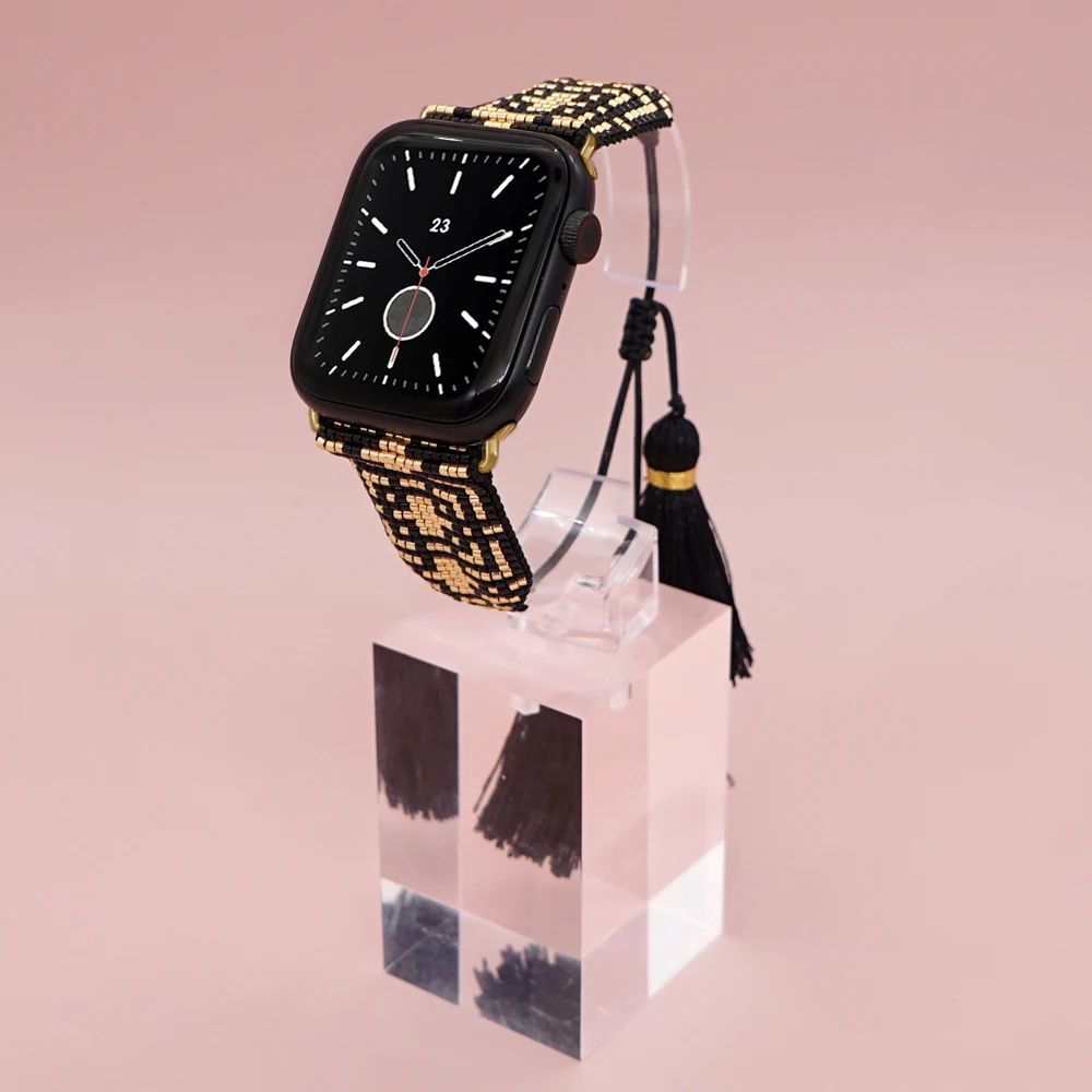 Go2Boho-Correa de reloj Miyuki con cuentas de semillas, pulsera de borla tejida hecha a mano, banda de 42mm y 44mm para Apple Smart Watch