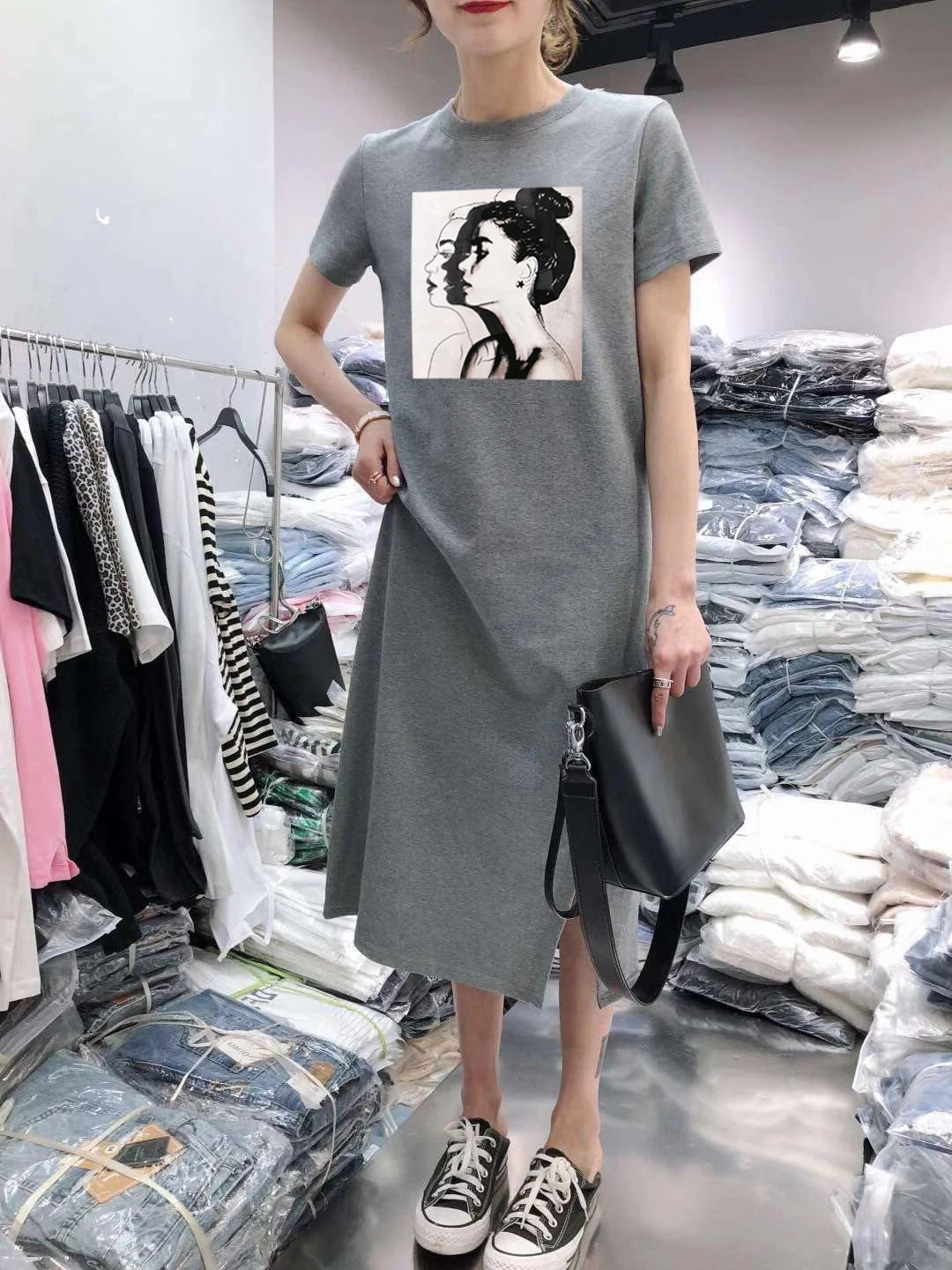 Gray A Летнее мультяшное женское платье с коротким рукавом и круглым вырезом средней длины черного размера плюс женская повседневная одежда vestidos - Color: Gray A