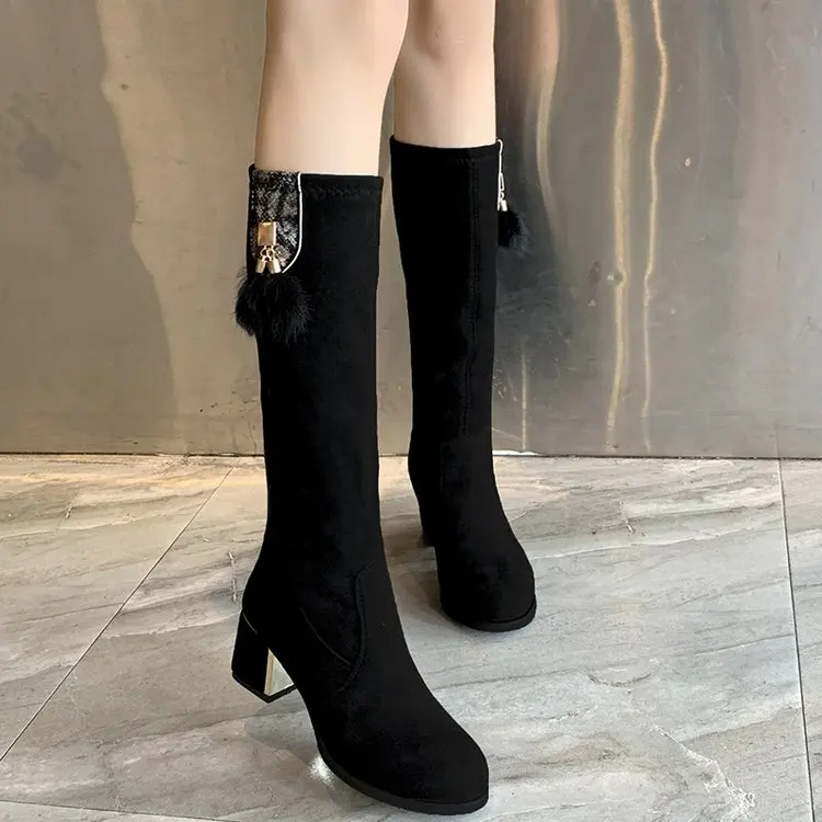 Черные винно красные коричневые сапоги до колена женские вечерние из флока на