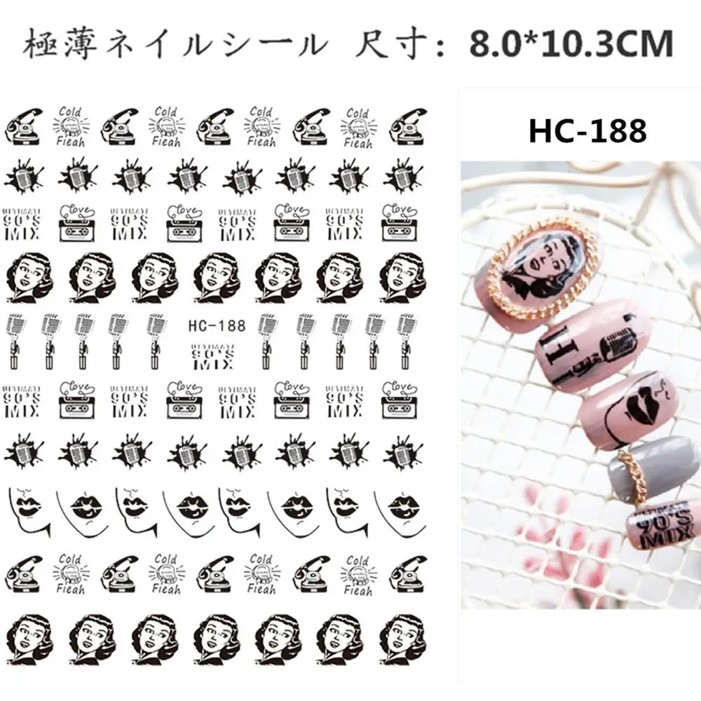 

Newest HC-188 cold Lady 3d nail sticker template back glue nail decals DIY decorations for nail tips design