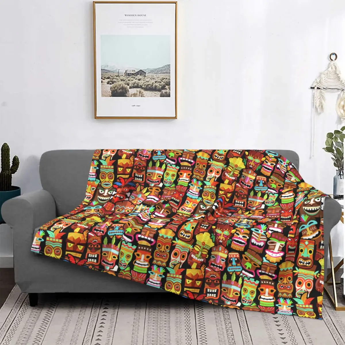 

Tiki Pattern Blankets Fleece Decoration Ultra-Soft Throw Blankets for Bedding Bedroom Plush Thin Quilt