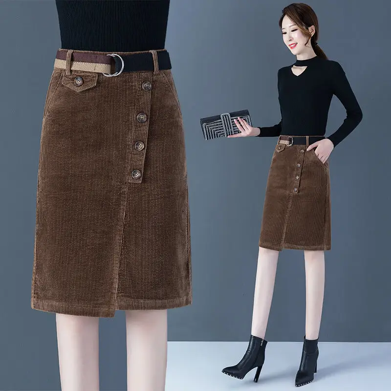 

Women 2021 Autumn Winter New High Waist Corduroy Skirts Female Solid Color Slim Skirts Ladies Fashion Package Hip Skirts W806