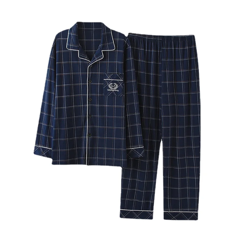 Men's pajamas spring and autumn long-sleeved large size thin pajamas middle-aged plaid home service set large size 4XL