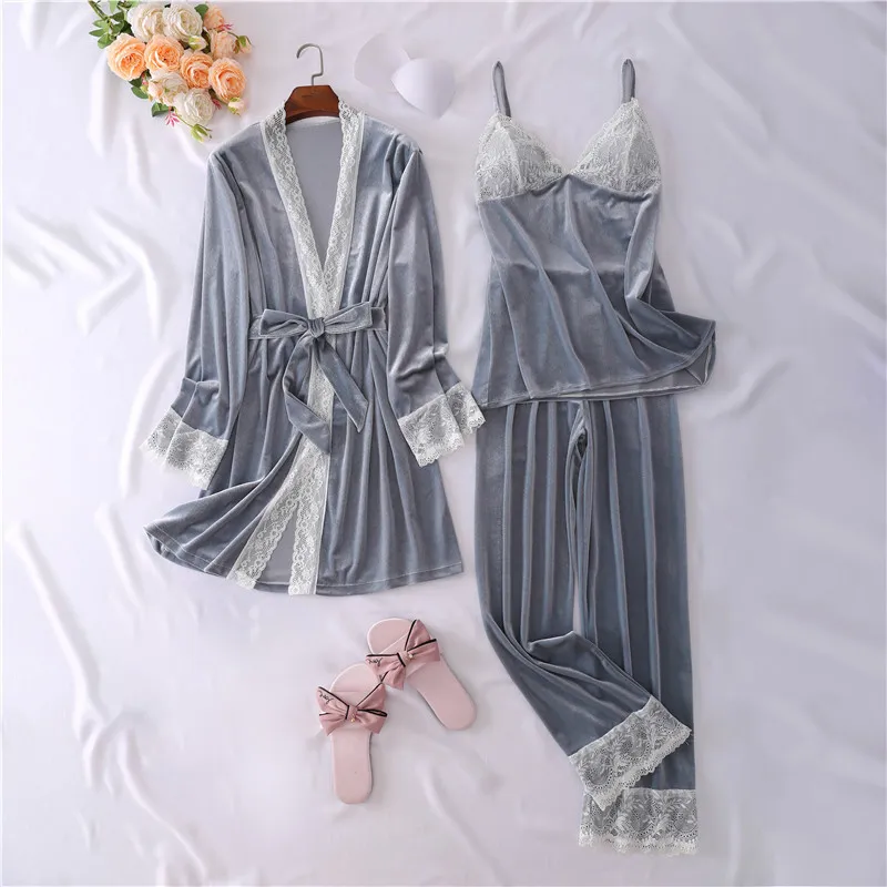 

3PCS Pyjamas Sleep Suit Velour Spring Sleepwear Womens Home Wear Pajamas Sets Casual Lingerie Strap Top&Pants Lounge Nightwear