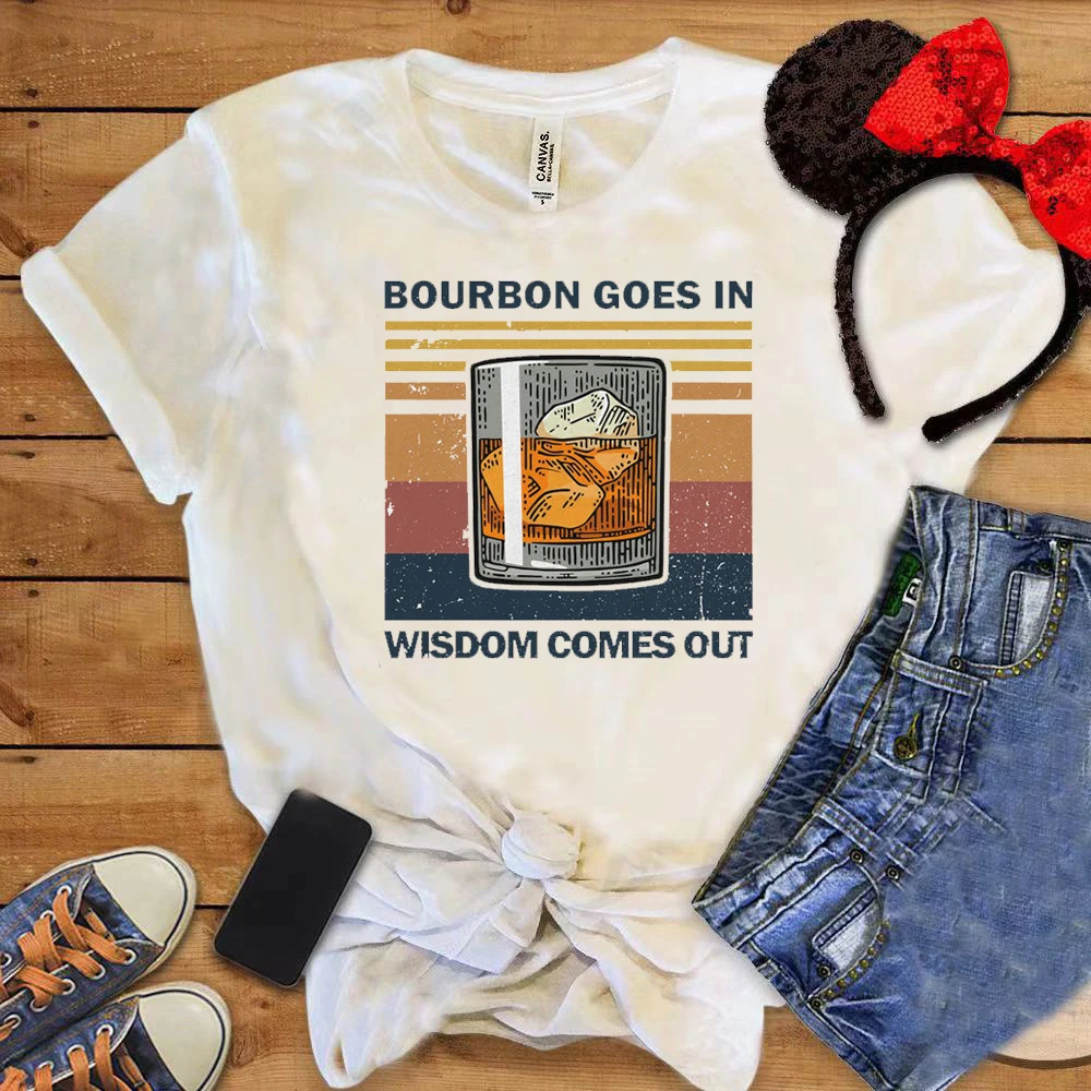 

Unisex Casual Shirt Bourbon Goes In Wisdom Comes Out T-shirt Wine Glass Printing Female Tee Funny Ice Block Crewneck Tops