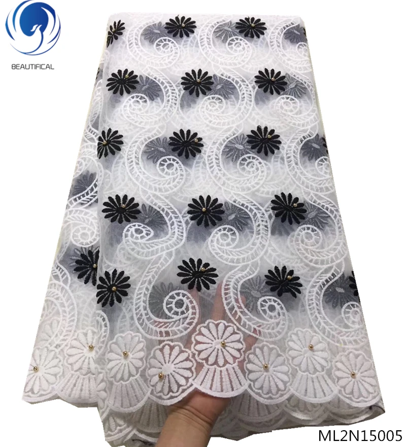 Красивая сетчатая кружевная ткань французская Тюлевая с бусинами белая