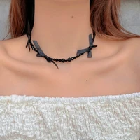 trendy jewelry black glass beads choker necklace 2021 new design vintage temperament sweet bow necklace for girl lady gifts