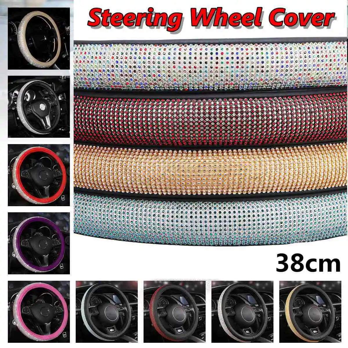 NEW Leather Car Auto Steering Wheel Cover With Crystal Rhinestone for Women Girls Interior Accessories Black/Beige 15'' 38cm NEW Leather Car Auto Steering Wheel Cover With Crystal Rhinestone for Women Girls Interior Accessories Black/Beige 15'' 38cm