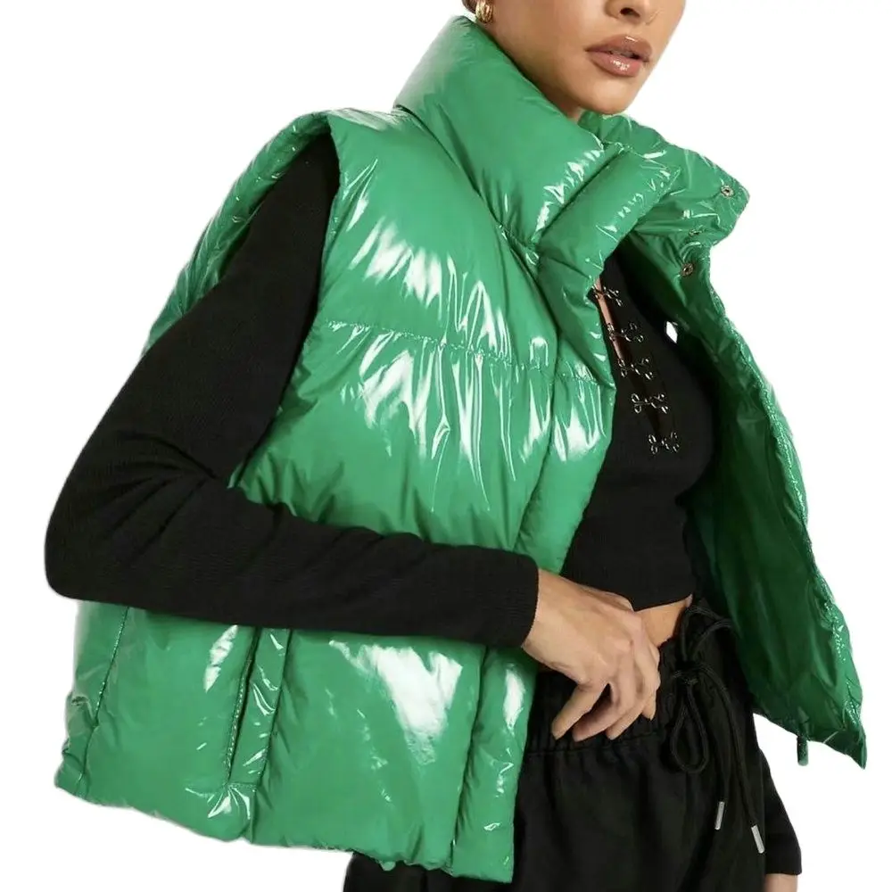 

2021 Autumn Winter Women Fashion Warm Shinny Green Faux Leather Vest Jackets Female High Street Short Sleeveless Tops Waistcoats