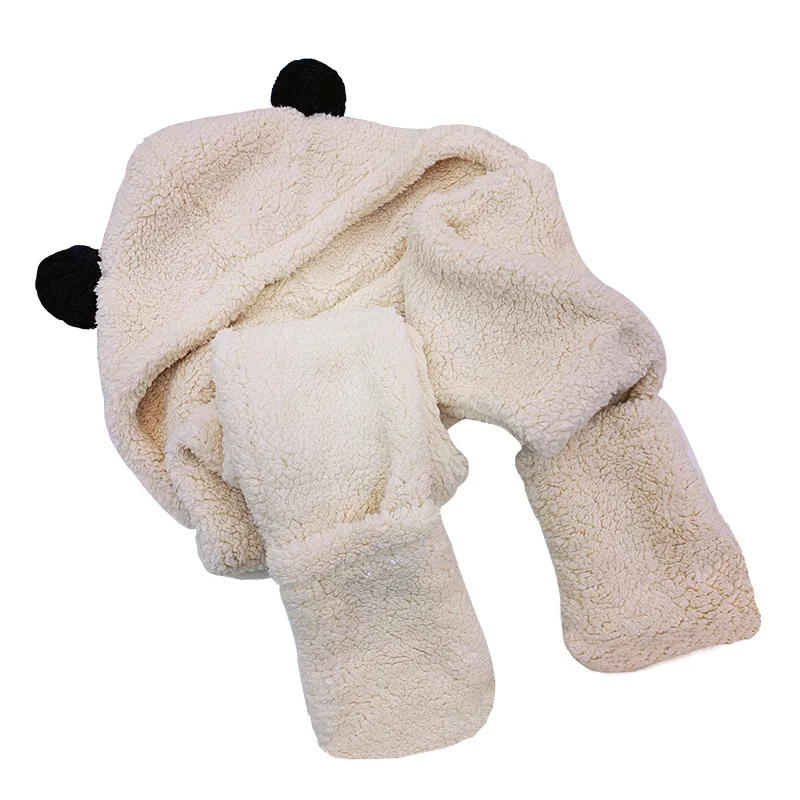 

2021 Autumn Winter Women Novelty Lamb Cashmere Cute Bear Ear Scarf Hat Gloves Set Casual Solid Fleece Women Caps
