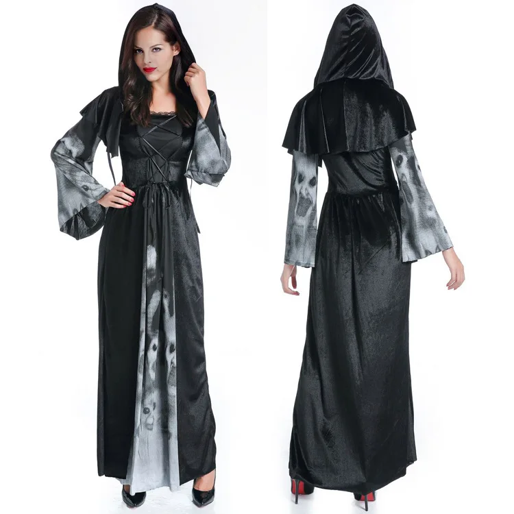 

Женский костюм для косплея на Хэллоуин, длинное черное платье с призраком и страшной ведьмой вампира, Женский костюм средневекового маскар...