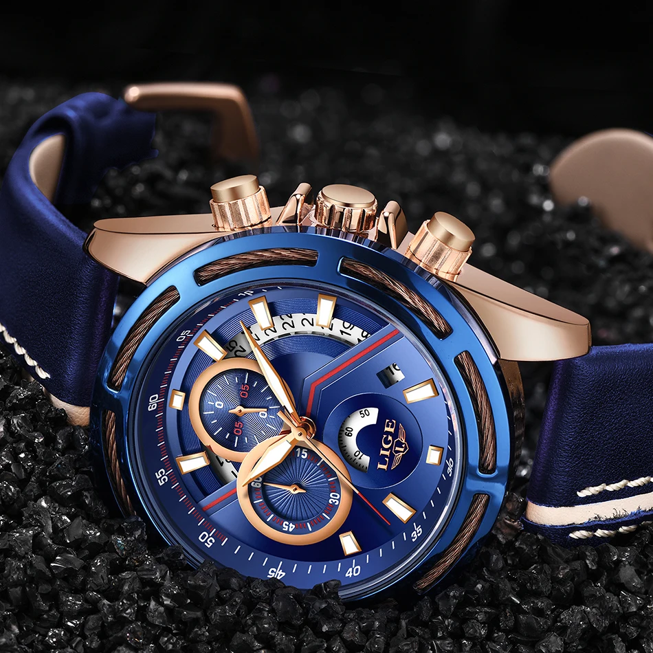 Новые LIGE мужские часы Топ бренд класса люкс синие военные спортивные кожаные