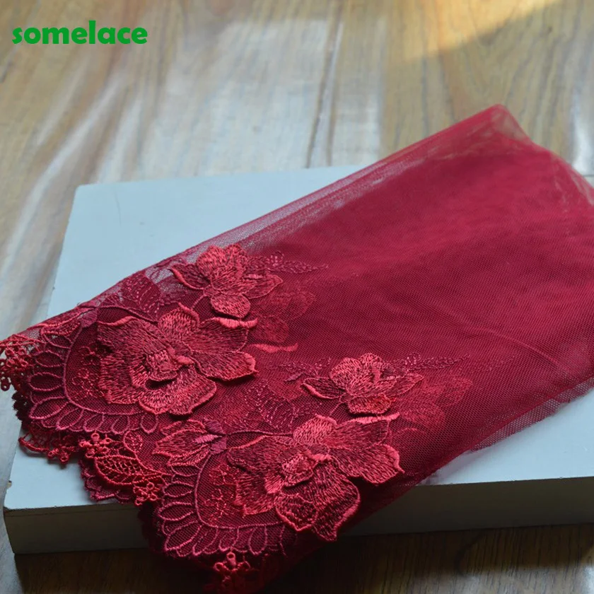 2 ярда/лот 23 см широкая красная сетка 3D ТЕМНО-красная Цветочная вышивка