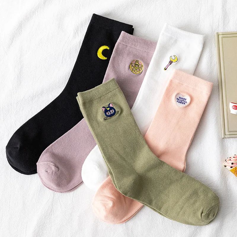 

Happy Socks Women Spring Summer Middle Tube Cotton Beautiful Girl Embroidery Designer High Quality Kawaii JK Girl Novelty Socks