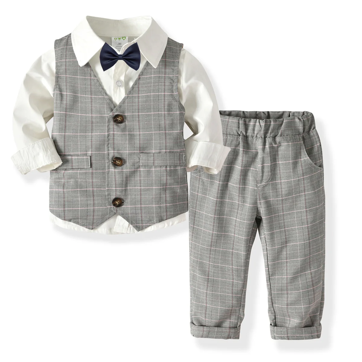 

Baby Boy Clothes Set Gentleman Wedding Party Suit Plaid Vest + Bow Tie + White Shirt + Trousers 4Pcs Formal Kids Clothing Sets