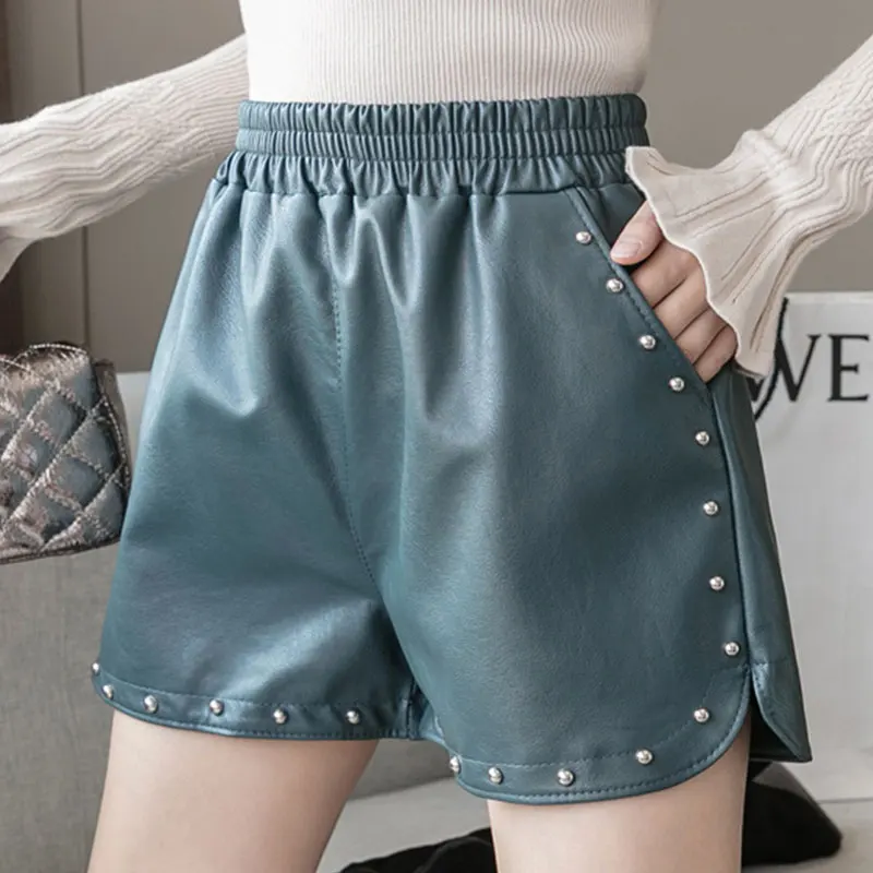 

Leather Shorts Women Blue Pockets Rivet Faux En Cuir PU Elastic High Waisted Wide Leg Ladies Leather Shorts Female 2021 Spring