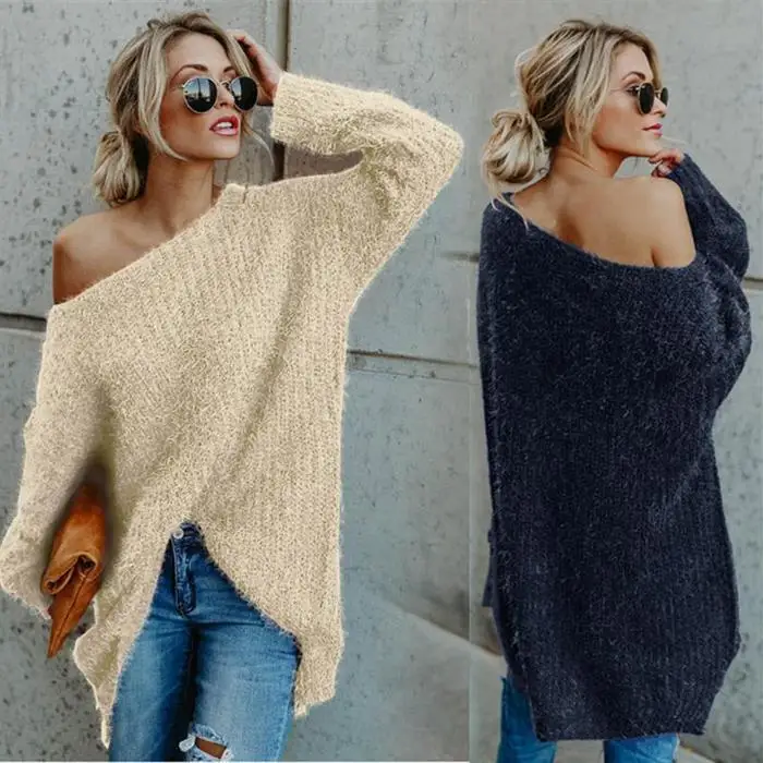 

Women's Off Shoulder Sweater Jumper Ladies Baggy Casual Long Sleeve Pullover Top