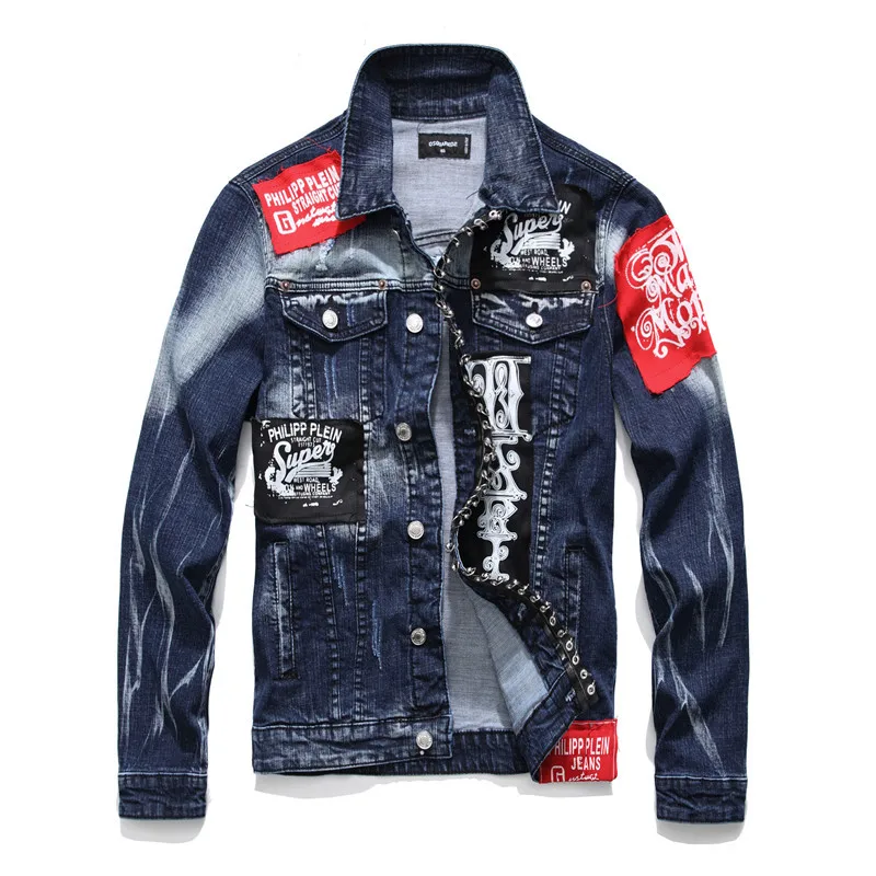 

Hip-hop Style New Mens Slim Denim Jacket Personalized Fashion Beggar Broken Hole Printing Metal Patch Washed Jacket Coat XL