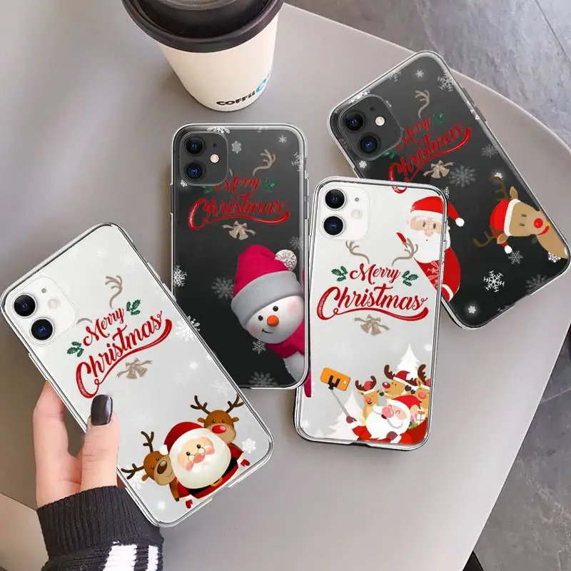 

Merry Christmas Santa Deer Phone Case Transparent for iPhone 7 8 11 12 13 mini pro X XS XR MAX Plus