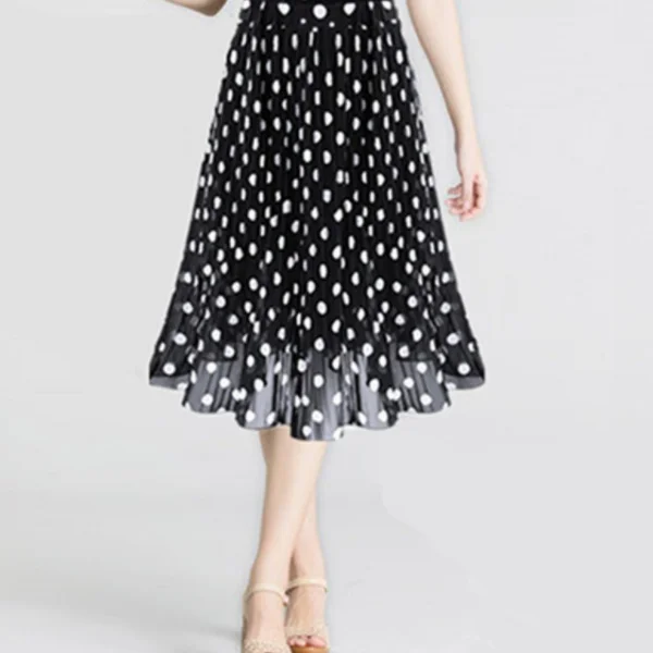 Женская шифоновая юбка в горошек белая черная с завышенной талией длинная