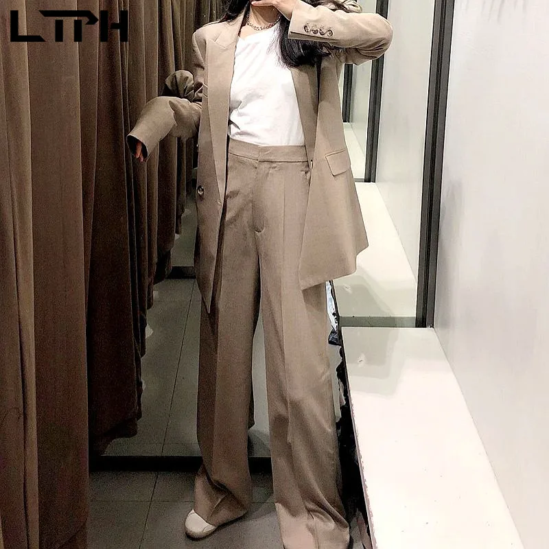 LTPH-traje minimalista Neutral para mujer, conjunto de 2 piezas, Blazer de longitud media holgado, conjuntos de pantalones de cintura alta vintage, primavera 2021