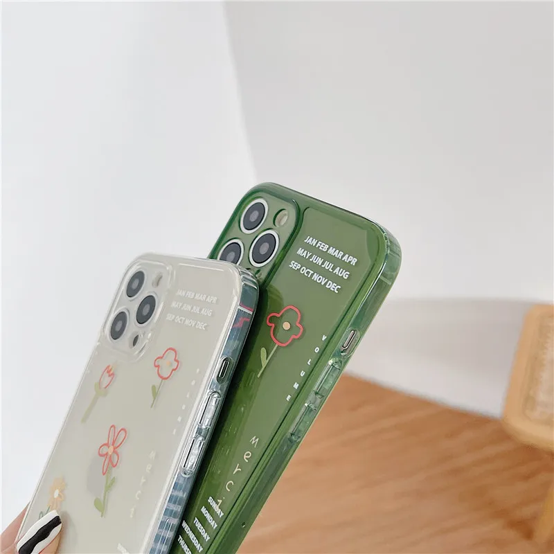 

Flower calendar cute phone case silicone ins cover funda for iphone xs max 7 8 plus x xr 11 12 pro max mini clear conque