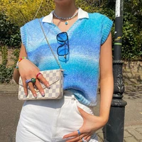 woharajuku blue splicing tie dye y2k aesthetic sleeveless v neck vest sweater oversize casual knits winter womens sweater tops