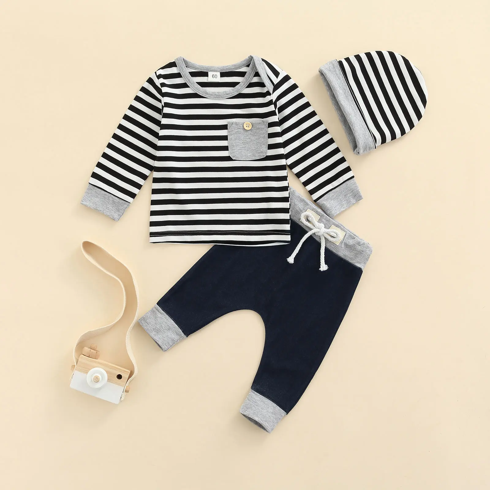 

3Pcs Baby's Sets T-shirt Pants Cap Striped Long Sleeve Top Elastic Trousers Hat Toddler Boys Spring Autumn Cotton Clothing 0-24M