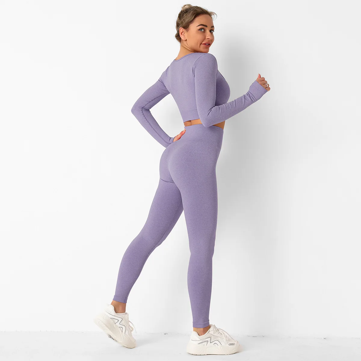 Seamless 2 PCS Yoga Set Long Sleeve Crop Top Leggings Tracksuit Summer Workout Sportswear Fitness GYM Clothes Active Female Suit | Спорт и
