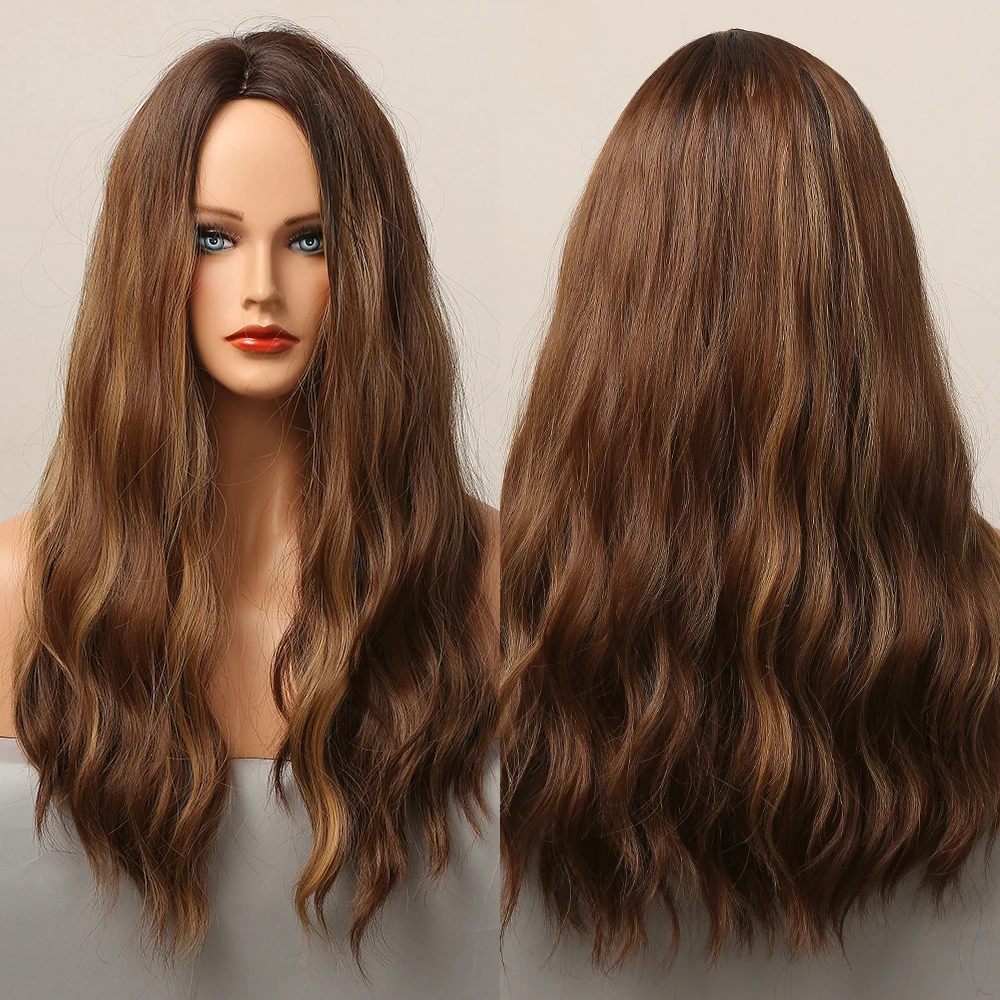 

Ombre Dark Honey Brown Synthetic Wigs Middle Part Long Deep Wavy Wigs for Women Daily Party Cospaly Faker Hair Heat Resistant