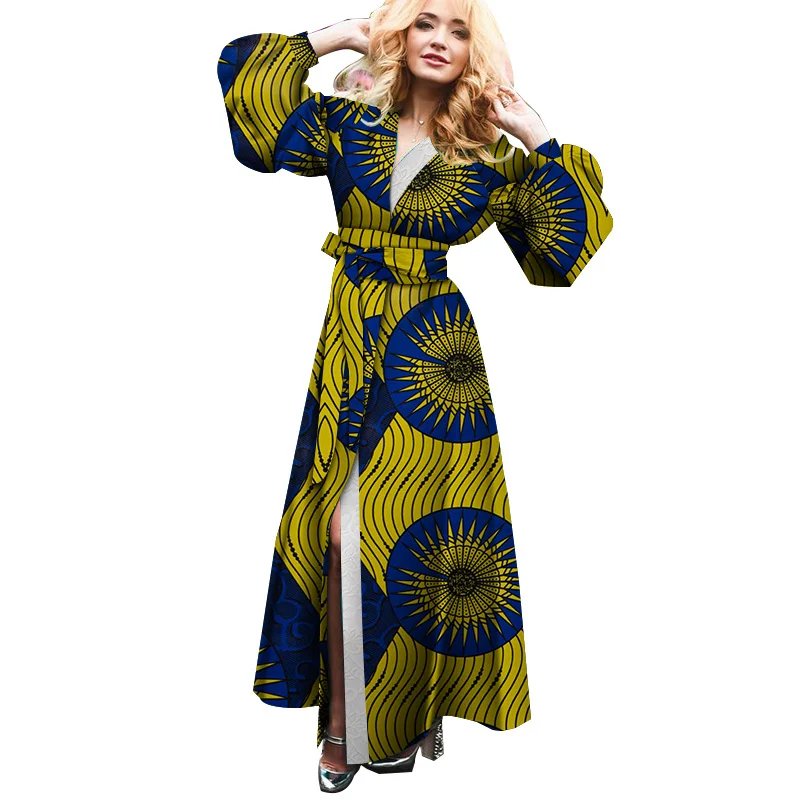 

Модное женское платье в африканском стиле с длинным рукавом, тренчкот, платья базин, богатая традиционная одежда в пол с Африканским принто...