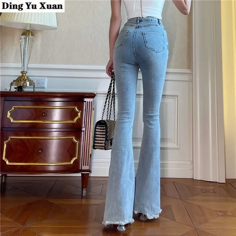 Womens High Waist Jeans 2021 Flare Denim Pants for Ladies Fashion Stretch Pocket Trousers Black Blue Slim Skinny Jean Femme