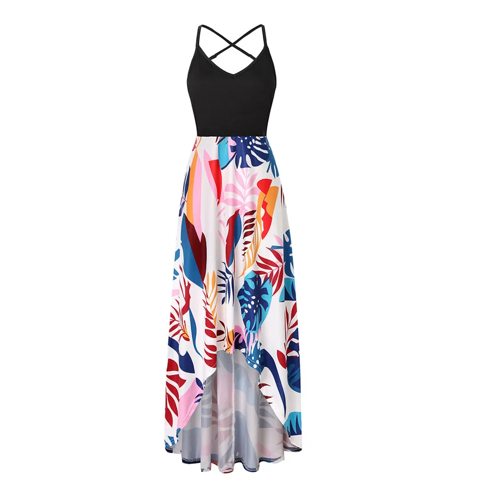 

2021 Summer Hot V-neck Sleeveless Sexy Halter Color-Block Floral Printed Dress Fashion High Waist Irregular Sundress Femme Robe