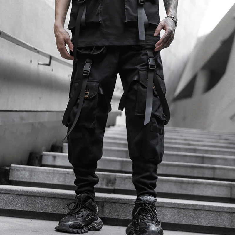 

2020 уличная одежда Harajuku мужские ленты Цвет Блок черный карман карго Брюки шаровары джоггеры Харадзюку спортивные брюки хип-хоп брюки