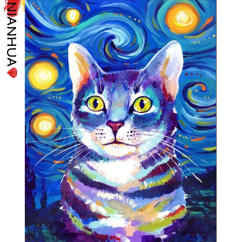 

Diamond Embroidery Cartoon Starry Sky Cat Van Gogh Animal 5D Mosaic Painting Mural Art Square Round Photo DIY Set Gift Home