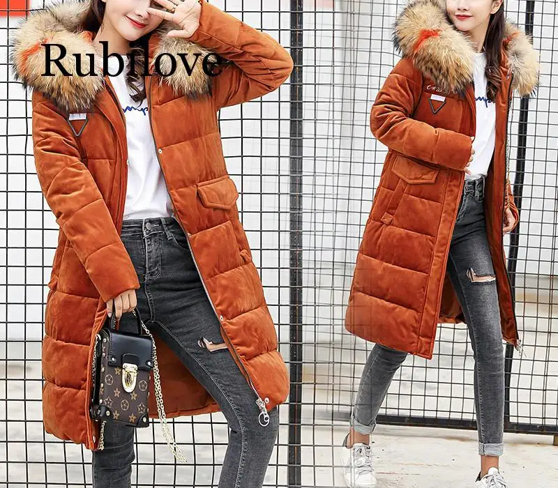 

Модная зимняя женская куртка с большим меховым воротником и капюшоном, толстая пуховая парка, длинное женское пальто, тонкая теплая зимняя ...