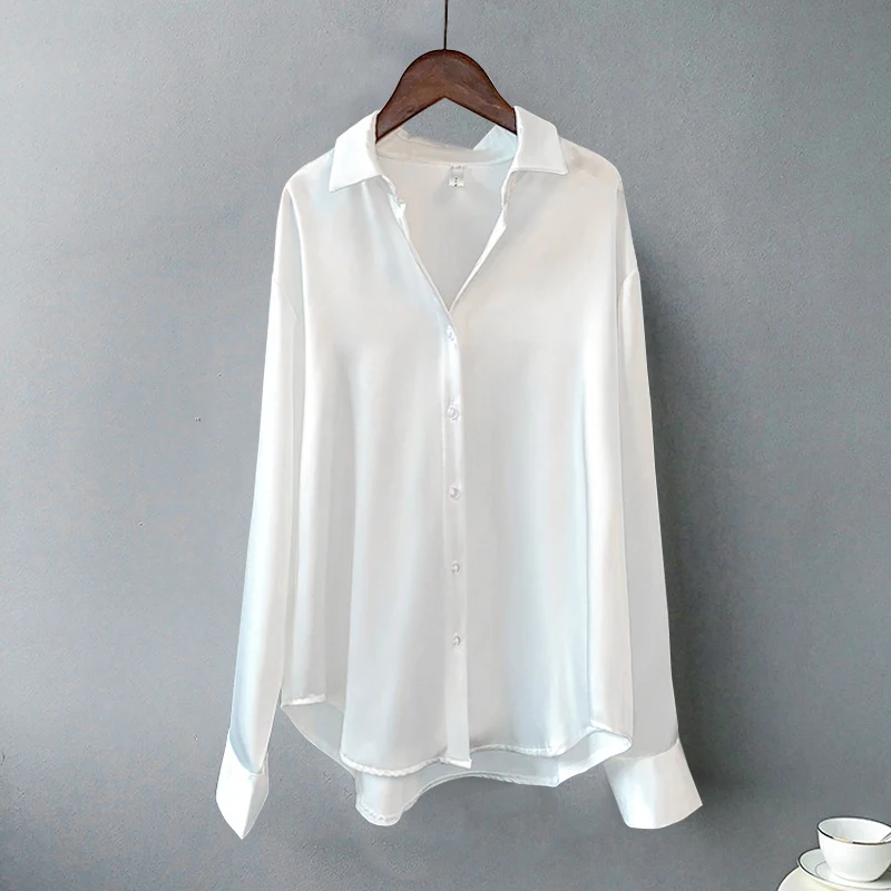 

2021 Spring Women's White Shirt Oversize Long Sleeve Button Up Satin Silk Shirt Blouse Vintage Casual zaraing Women Clothing New