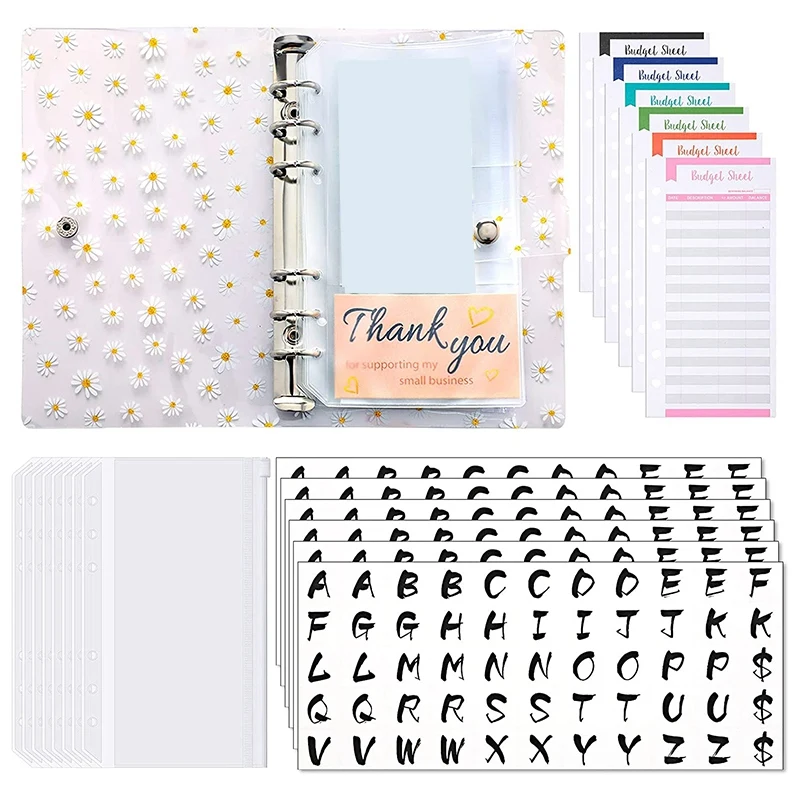 

A6 Binder Cover Pockets Waterproof 6-Ring PVC Notebook Cover with 12 Pcs Cash Envelope Binder Budget Sheets (Flowers)