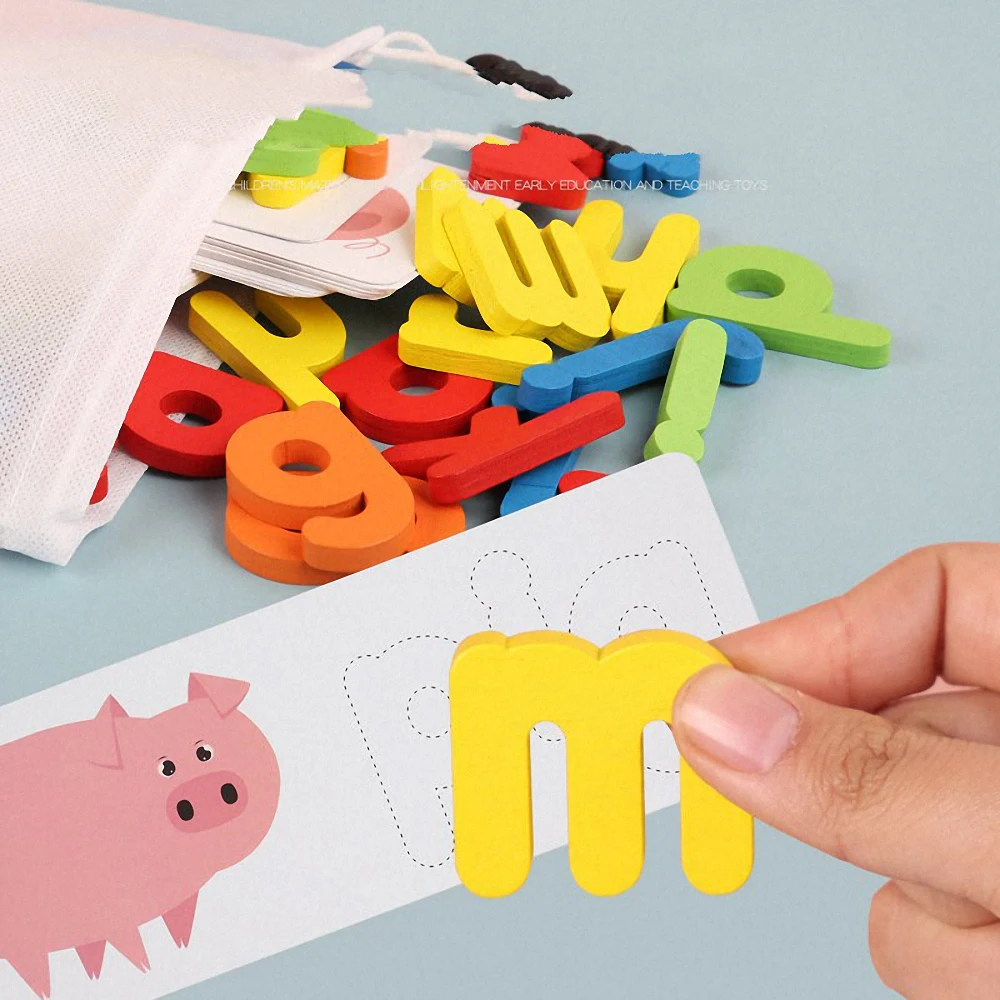 Juego de palabras de escritura Montessori para ni&ntilde;os, rompecabezas de alfabeto de madera, divertido rompecabezas cognitivo 3D, juguete educativo de aprendizaje-3