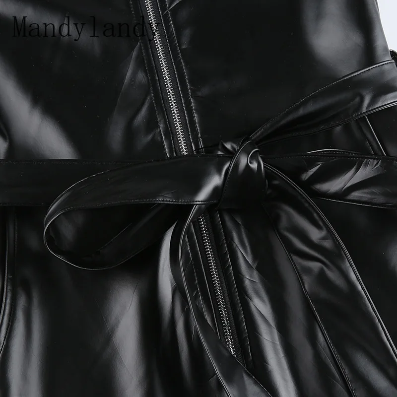 

Mandylandy Women Sexy Skinny Stretch PU Leather Jumpsuit Lady Elegant Reflective Zipper Belt Romper Overalls Slim Fit One Piece