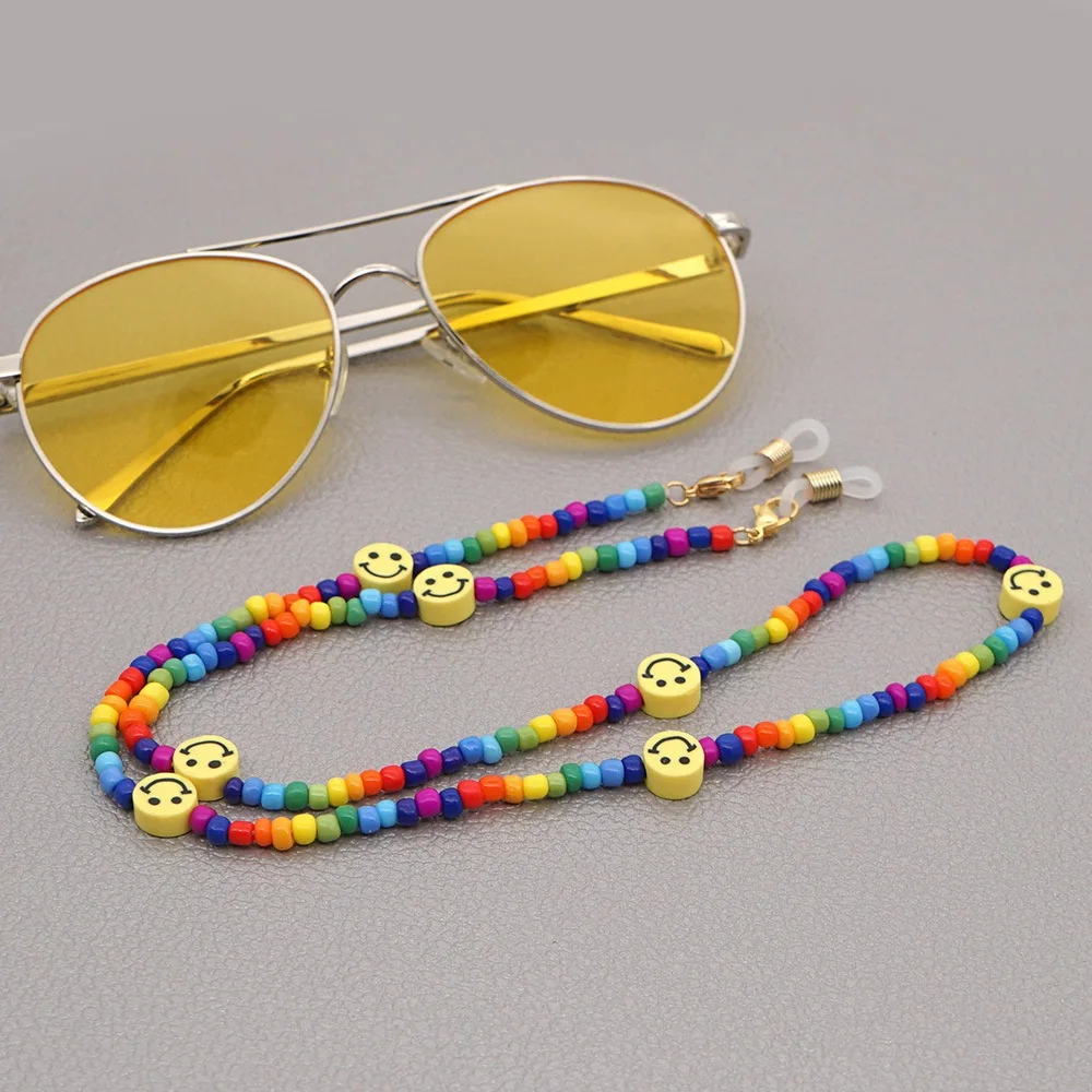 

Women Anti-skid Glasses Chain Rice Bead Mask Chain Lanyard Bohemian Ethnic Style Handmade Rainbow Beaded Smiley Necklace