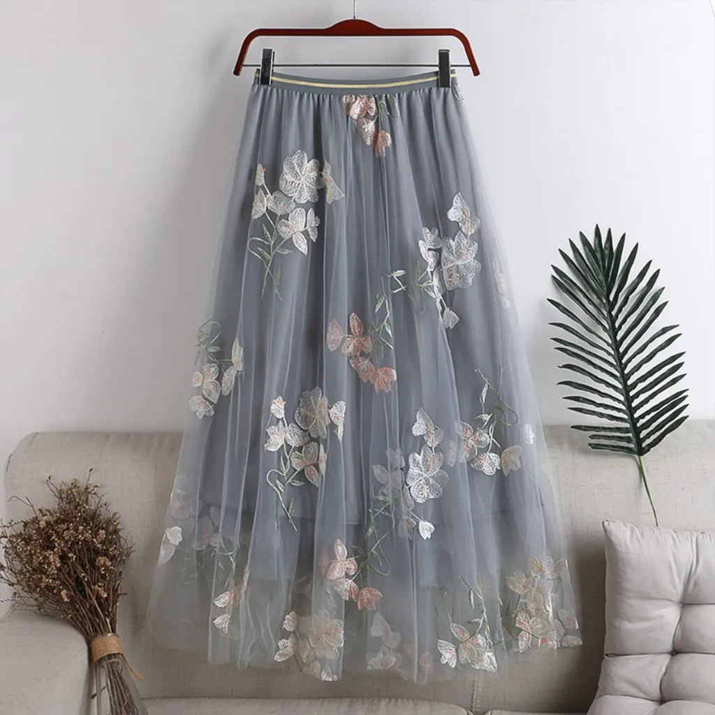 

Summer Women Midi Skirt 3D Embroidery Flower Lady Floral Knee Length Mesh Skirts 2021 Female Casual Streetwear Bottoms DS185