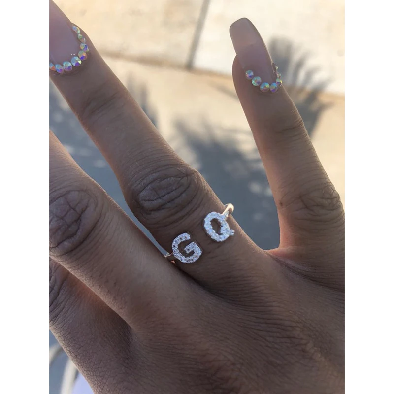 

Double 7 mm Letter Ring Custom Full Zirconia Micro Pave Rings for Simple Luxury Ring for Women Bling Jewelry Open Ring