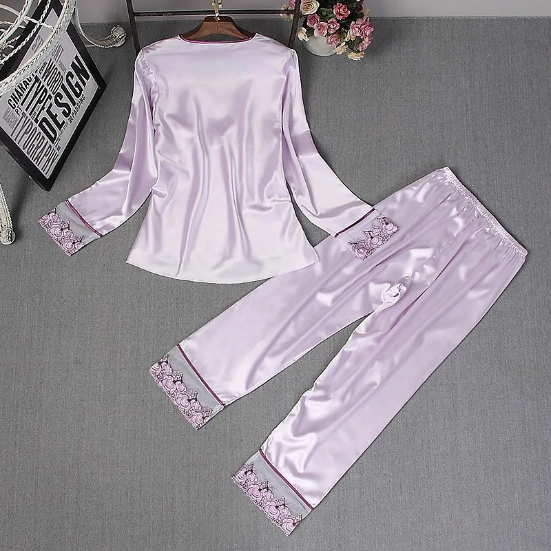 2021 New Women's Pajamas Sets Silk Home Wear Fashion Lace Nightwear Long Sleeve Trousers Nightgown Suit Sleepwear Slash Neck