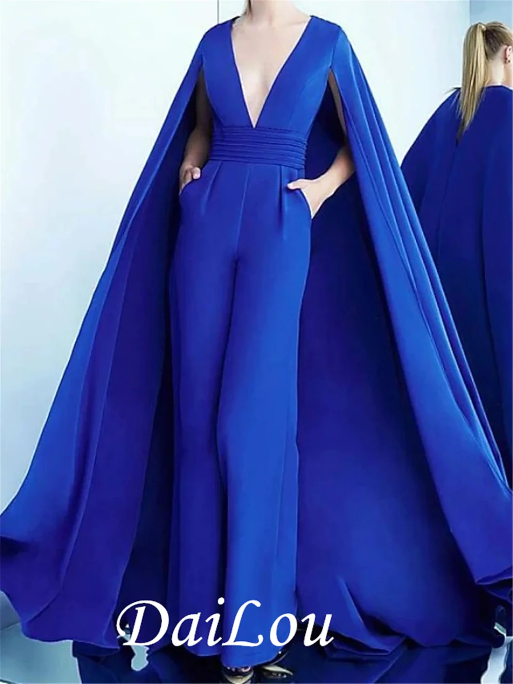 

Jumpsuits Elegant Engagement Formal Evening Dress V Neck Sleeveless Sweep / Brush Train Satin with Sleek 2021