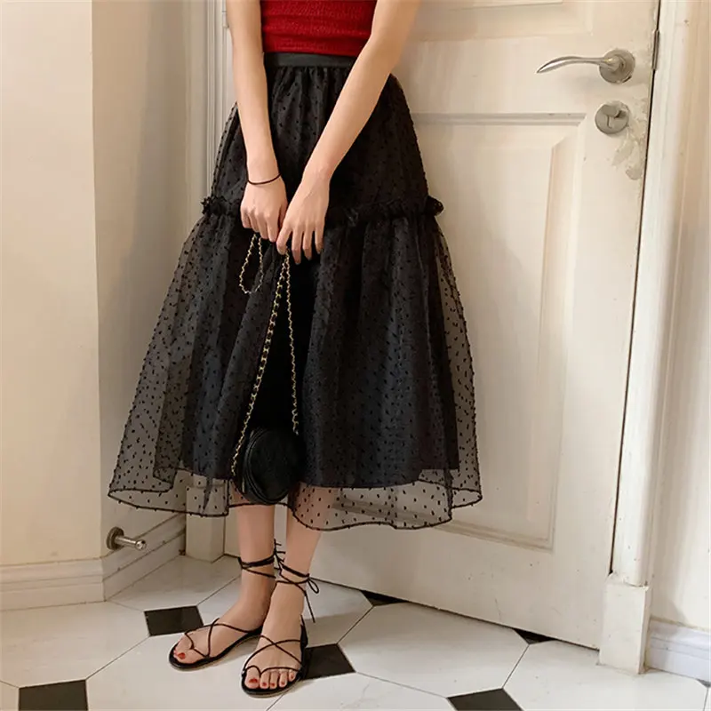 

Black Casual High Waist Ball Gown Mesh Polka Dots Skirt Female 2021 Summer Fairy All Match Streetwear Chic Loose Women Skirts