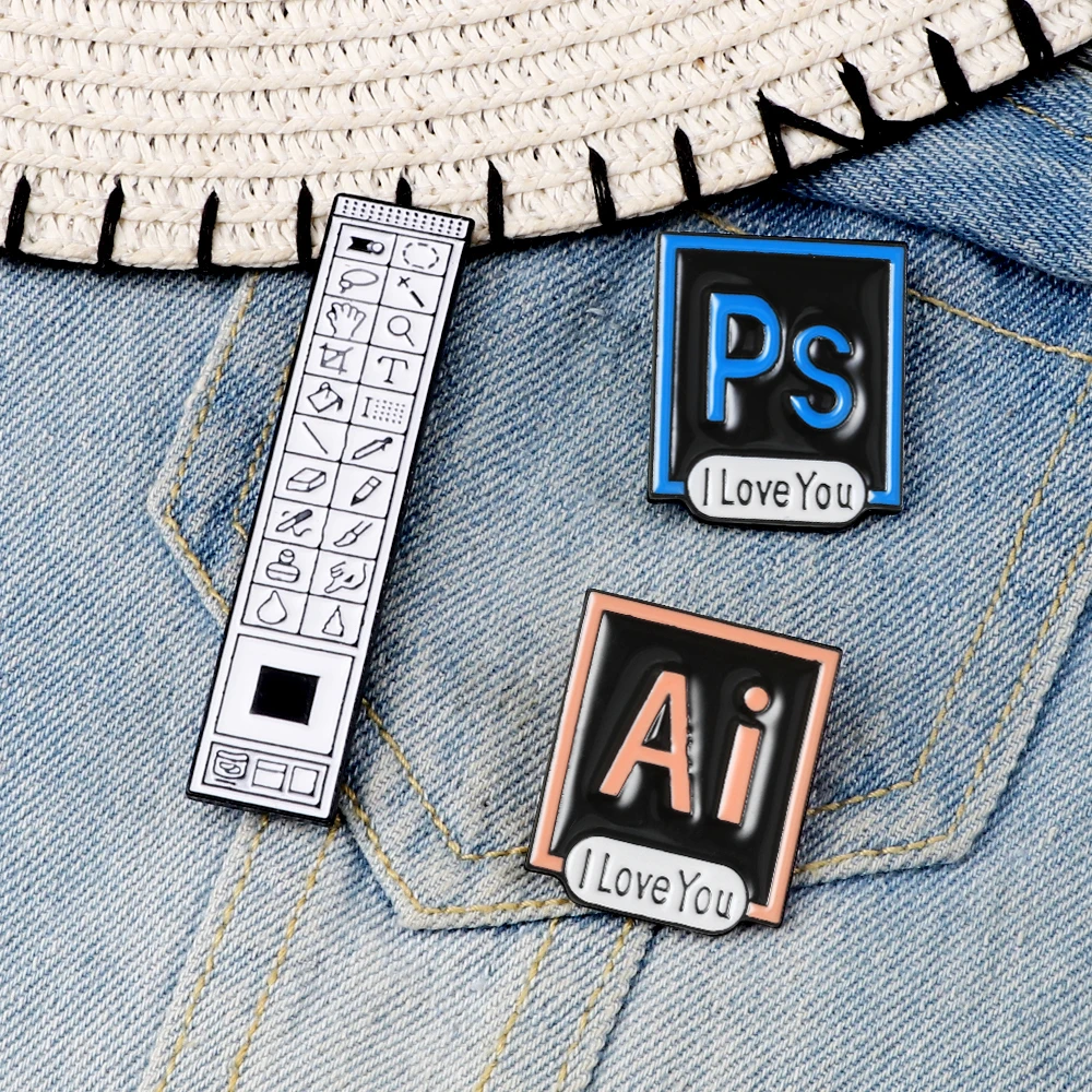 Фото Эмалированные булавки PS AI I Love You Photoshop Illustrator, брошь на панели инструментов, значки, программное обеспечение, дизайнерская заколка на лацкан ... №1