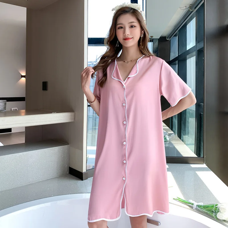 2021 New Summer Ice Silk Nightdress Women's Short Sleeve Nightgown Housewear Loose Comfortable Female Sleepwear Sleeping Wear