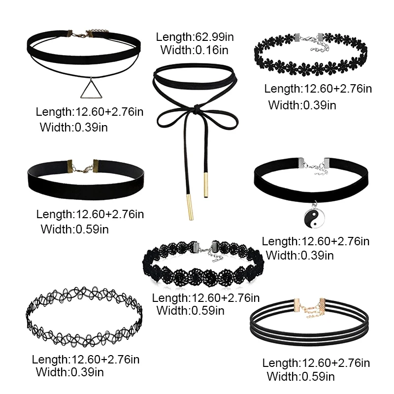 8Pcs/set Sexy Black Gothic Punk Velvet Tattoo Lace Choker Necklace Long Pendant Jewelry Women Collar Chocker | Украшения и