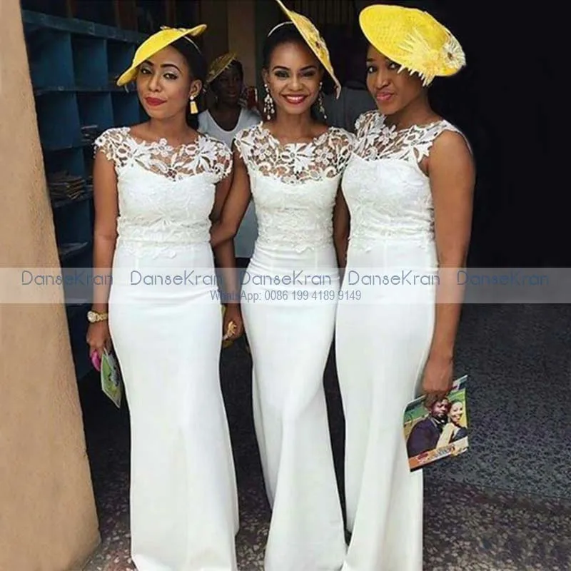 

White Lace Bridesmaid Dresses with Cap Sleeve African Women Satin Long Bohemia Mermaid Wedding Party Dresses Maid Of Honor
